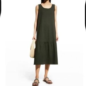 Eileen Fisher Organic Cotton Pucker Tiered Scoop Neck Dress in Seaweed